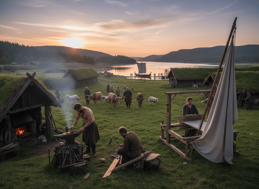 Viking-age farmers and craftspeople work in the foreground while a longship prepares to depart in the distance.