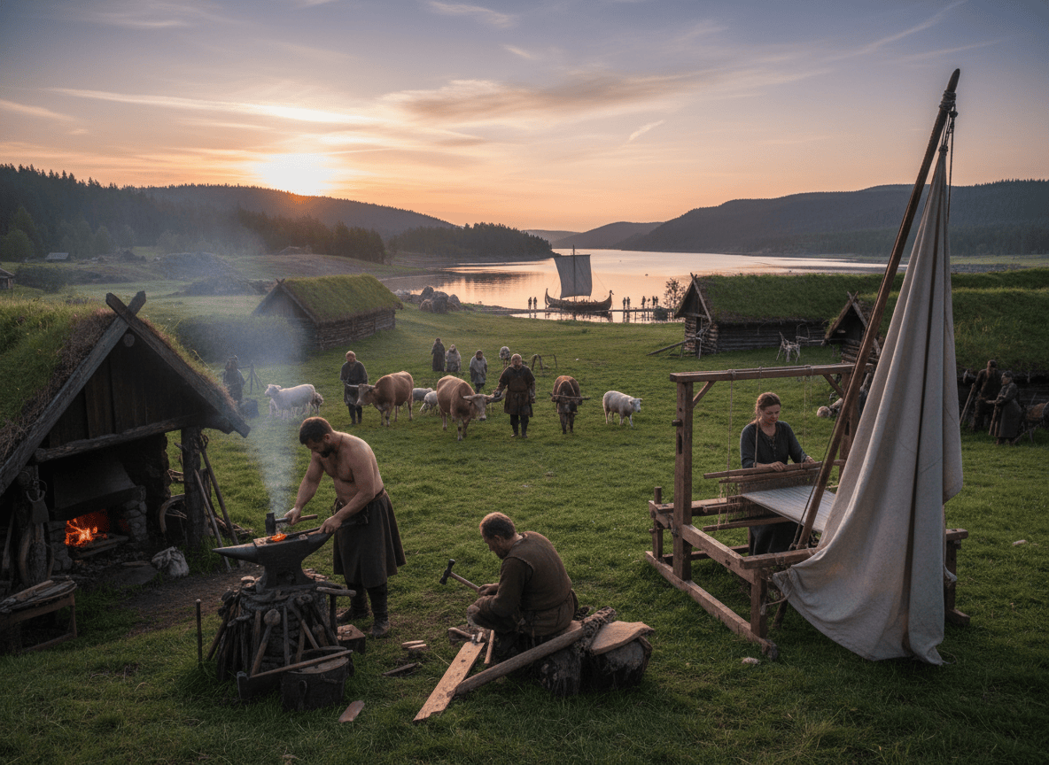 Viking-age farmers and craftspeople work in the foreground while a longship prepares to depart in the distance.