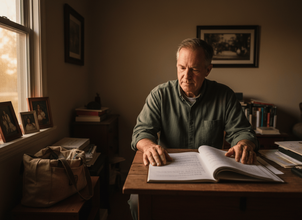 A middle-aged Arkansas writer returns to an old manuscript at a desk shaped by years of family life and change.