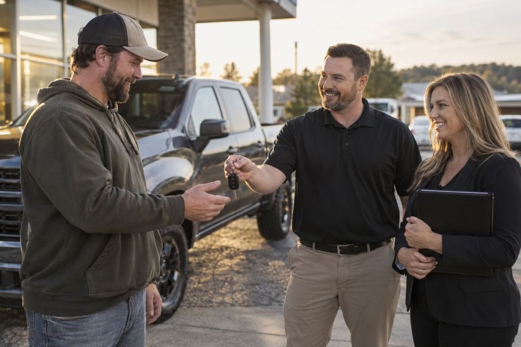 A customer receiving vehicle keys after a calm dealership delivery handoff.