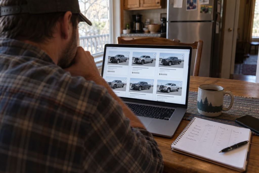 A vehicle shopper comparing several nearly identical pickup-truck listings on a laptop.