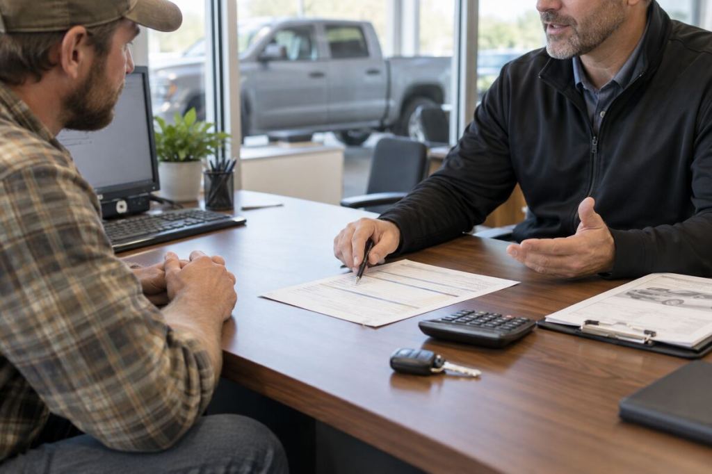 A customer and dealership manager calmly reviewing a trade appraisal across a desk.