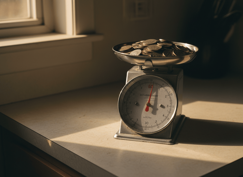 Modern dimes, quarters, and half dollars rest together on a kitchen scale.
