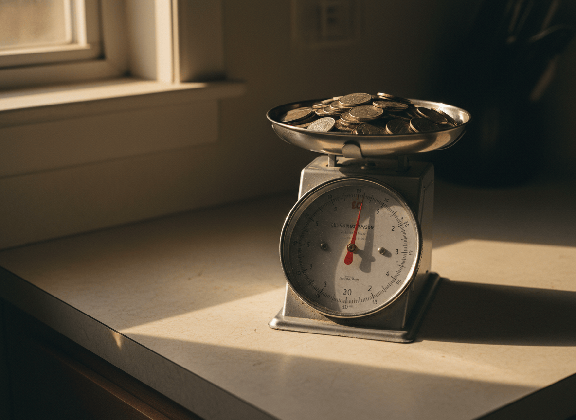 Modern dimes, quarters, and half dollars rest together on a kitchen scale.