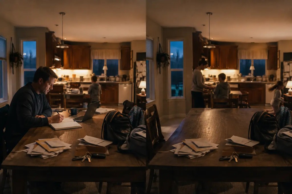 A split view of two similar family evenings, with a father writing at the kitchen table on one side and the table unused on the other.