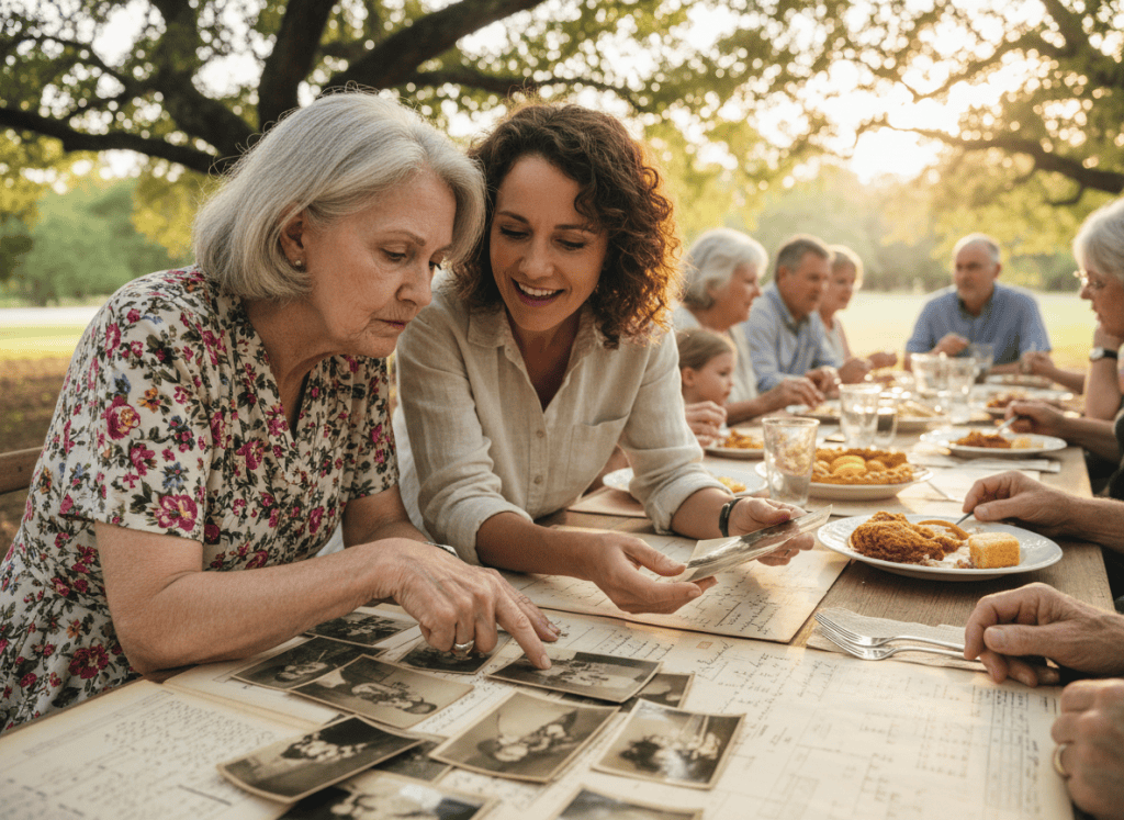 Two relatives compare old photographs and genealogy papers during a family reunion.