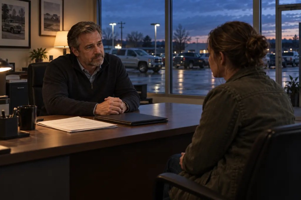 A manager has a quiet, honest conversation in an almost-empty dealership at dusk.