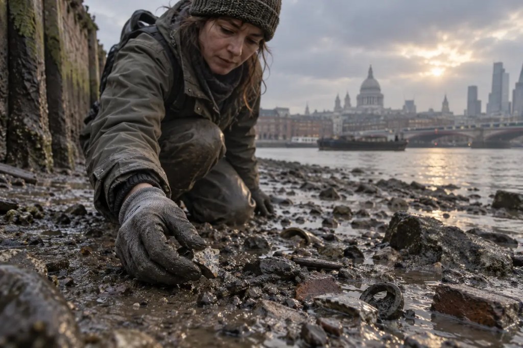 A mudlarker searches the exposed Thames shoreline and lifts a small weathered object from the mud.